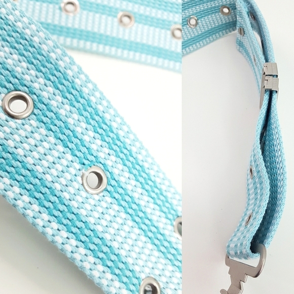 Unisex Web Belt💙 Blue Stripped Nylon Grommets Canvas | Metal Buckle - Picture 5 of 8